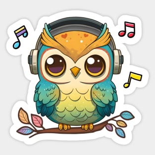 Musical Owl Perched on a Colorful Tree yellow Sticker